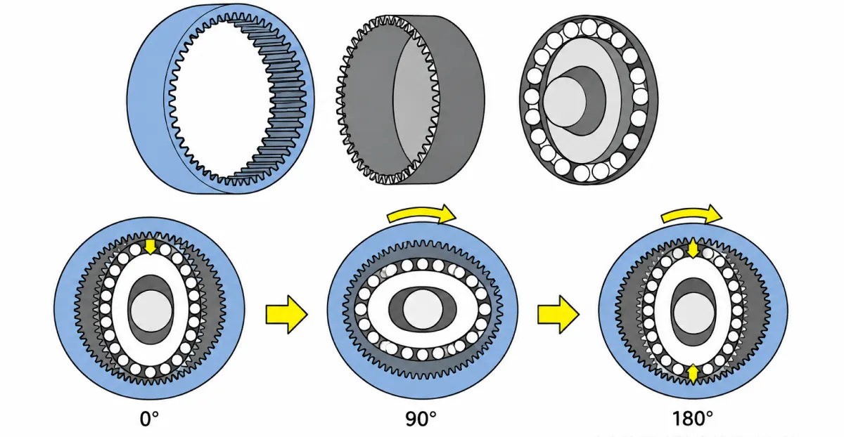 Harmonic drive working principle: wave generator rotation and flexspline tooth meshing at 0, 90 and 180 degrees