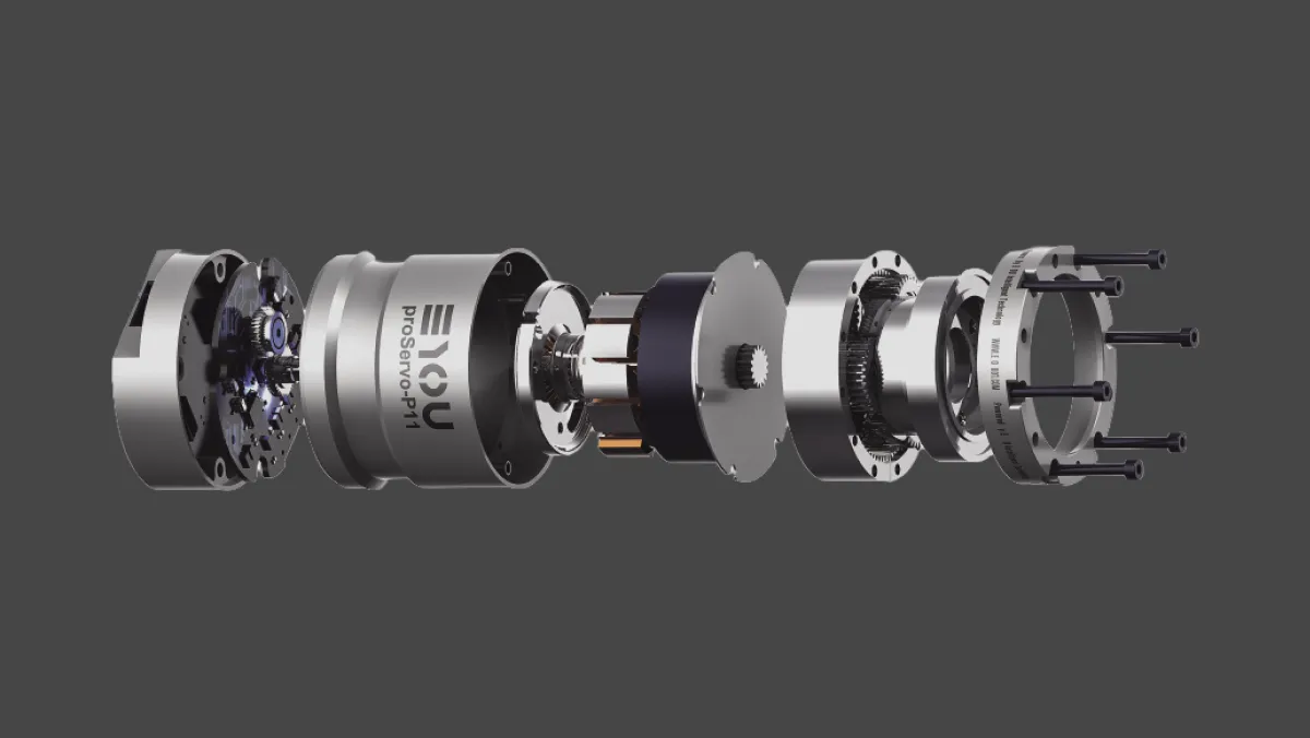 Exploded view of an EYOU coaxial integrated robot joint actuator: motor, reducer, drive and encoders in one layout
EYOU RHU series humanoid robot harmonic actuator: front and bottom views