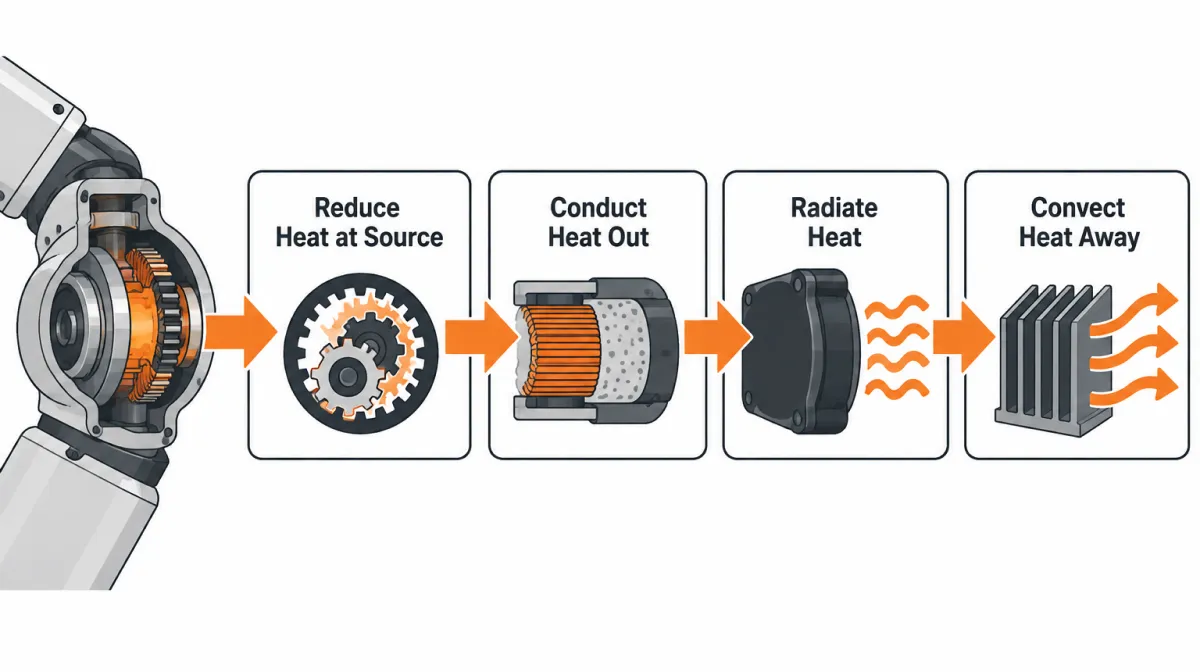 The four-stage thermal management chain of a robot joint actuator: reduce, conduct, radiate, convect