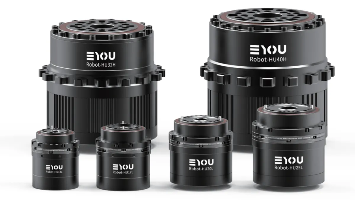 Black anodized housing of an EYOU robot joint actuator with cooling fins
