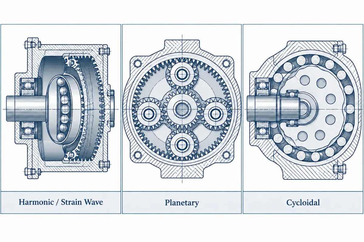 Cross-section comparison of three robot reducer transmissions: harmonic strain wave, planetary, and cycloidal