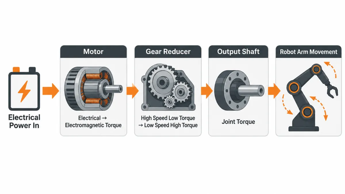 Energy flow diagram of a robot actuator: electrical power in, motor torque, gear reduction, and robot arm motion
Closed-loop control block diagram of a robotic joint system: host commands, servo controller, and feedback from motor encoder, output encoder and torque sensor
Cross-section comparison of three robot reducer transmissions: harmonic strain wave, planetary, and cycloidal
EYOU joint layout for a
